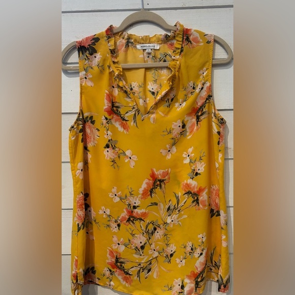 Rose & Olive Yellow Sleeveless Blouse with Floral Design - Picture 1 of 13